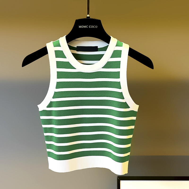 Original black and white striped knitted suspender vest summer short style high waist new slim fit and sleeveless top