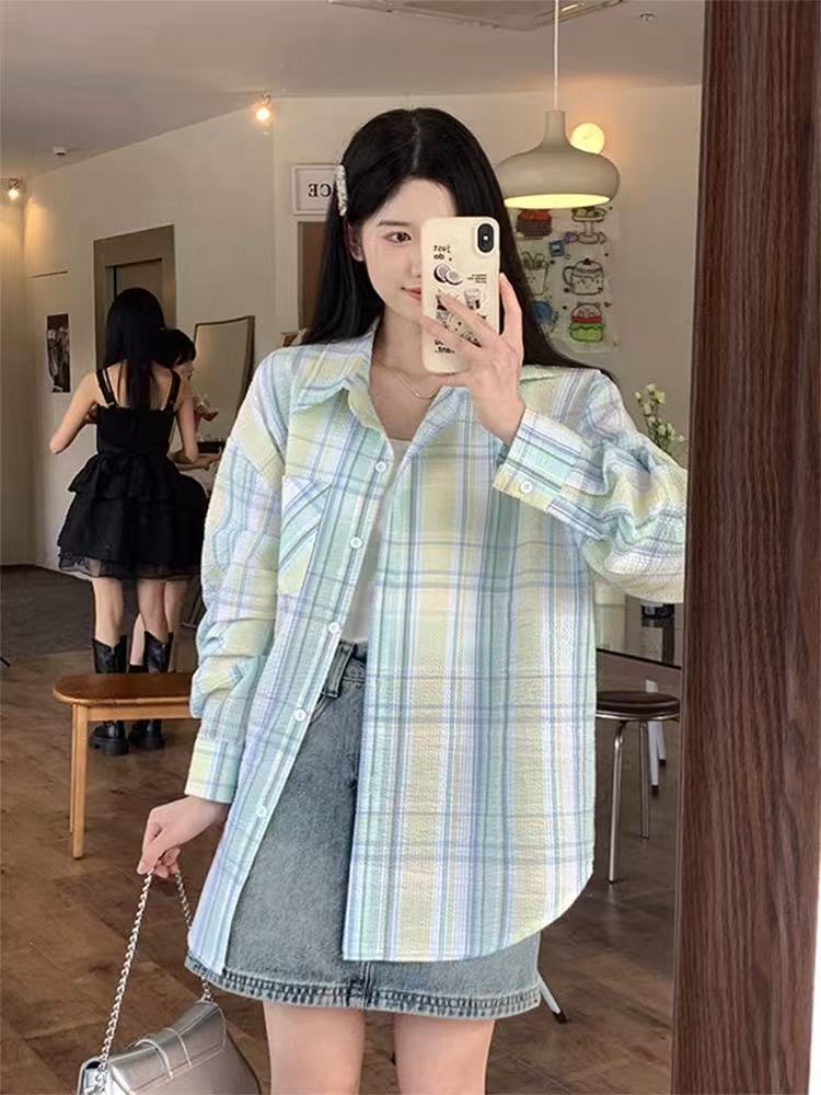 Mint Mambo style long-sleeved plaid shirt jacket for women spring and summer 2025 French small fresh sunscreen shirt jacket
