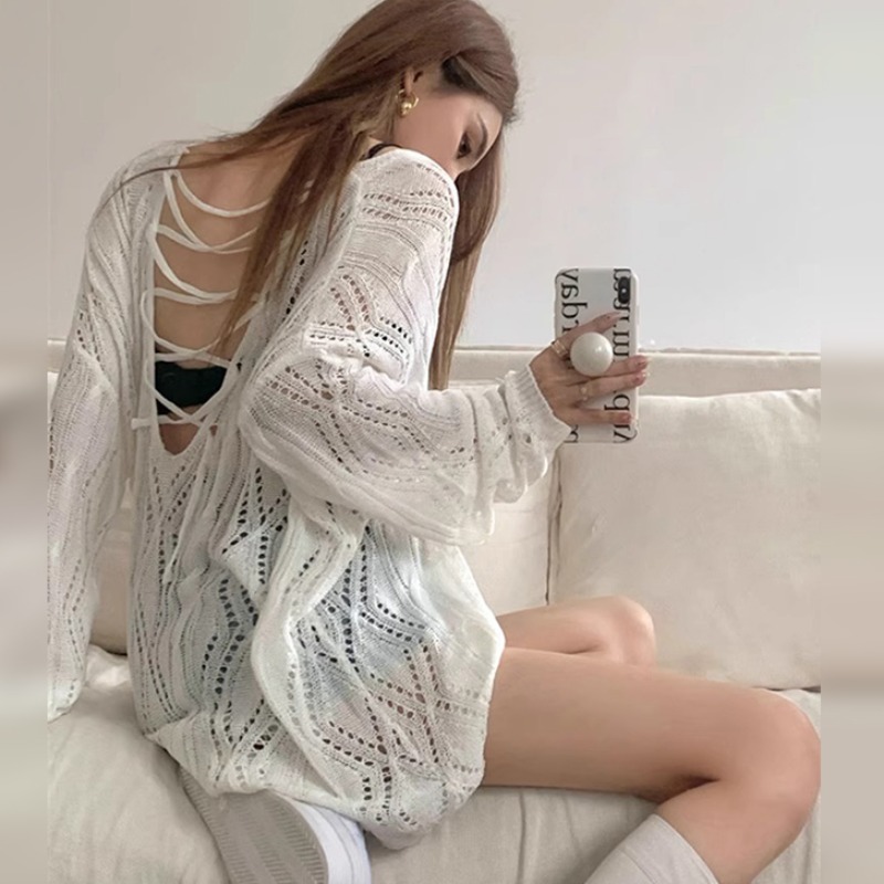 2025 new hollow design drawstring strap v-neck sunscreen sweater for women's summer thin air conditioning shirt top