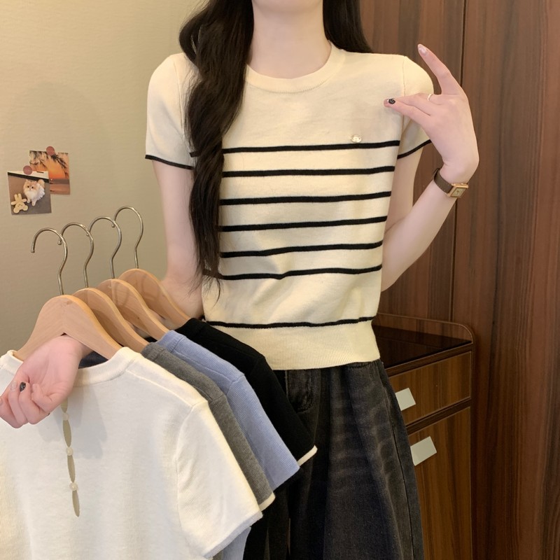 實拍韓系設計感後背鏤空百搭圓領小個子短款針織短袖拼色上衣