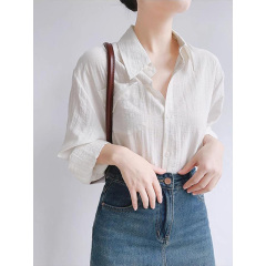 襯衫女寬鬆白色簡約長袖襯衣通勤設計感口袋翻領百搭長袖上衣開衫