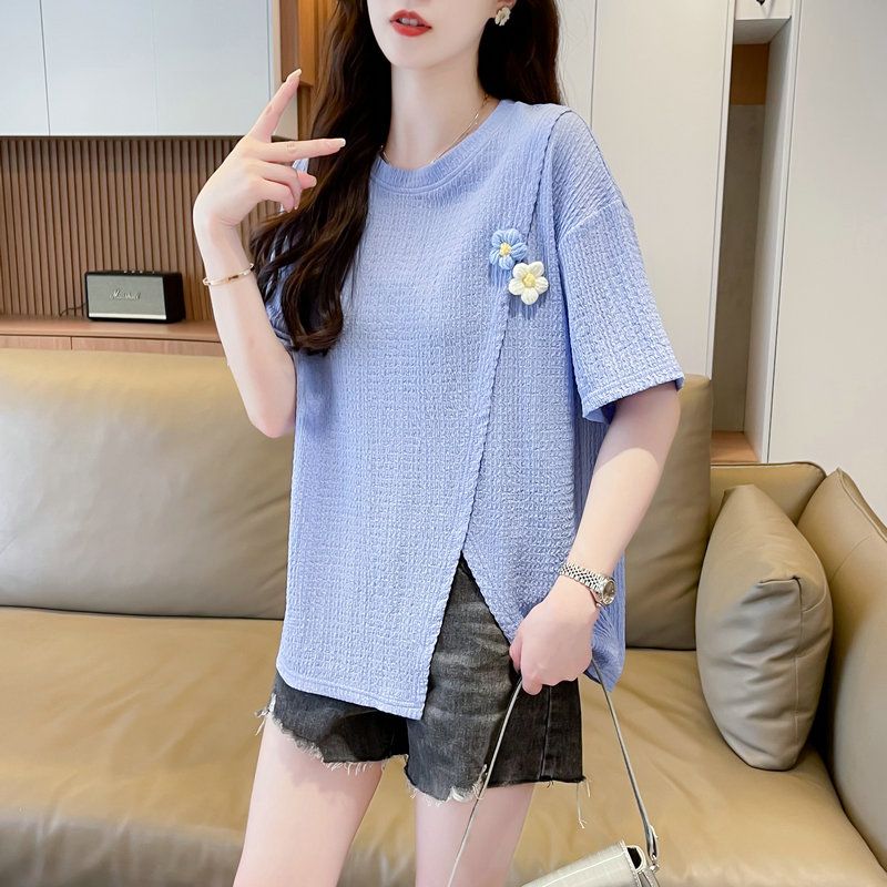 Real-life jacquard short-sleeved T-shirt women's new summer loose irregular design niche large-size top