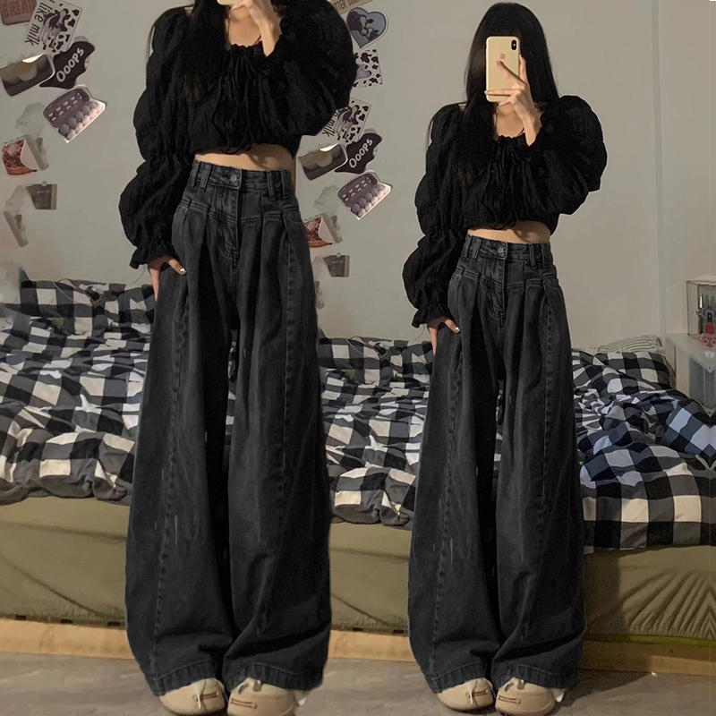 黑灰色闊腿牛仔褲女2025春夏高腰寬鬆遮肉顯瘦百搭直筒拖地褲子潮