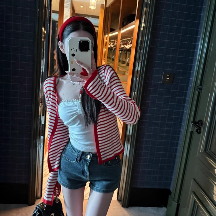 Titi sister spring little note knit sweater for women spring retro round neck contrast striped versatile cardigan jacket