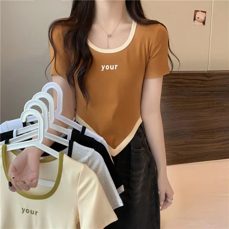 Real photo of pure cotton contrast splicing short-sleeved T-shirt for women in summer slim short half-sleeved top