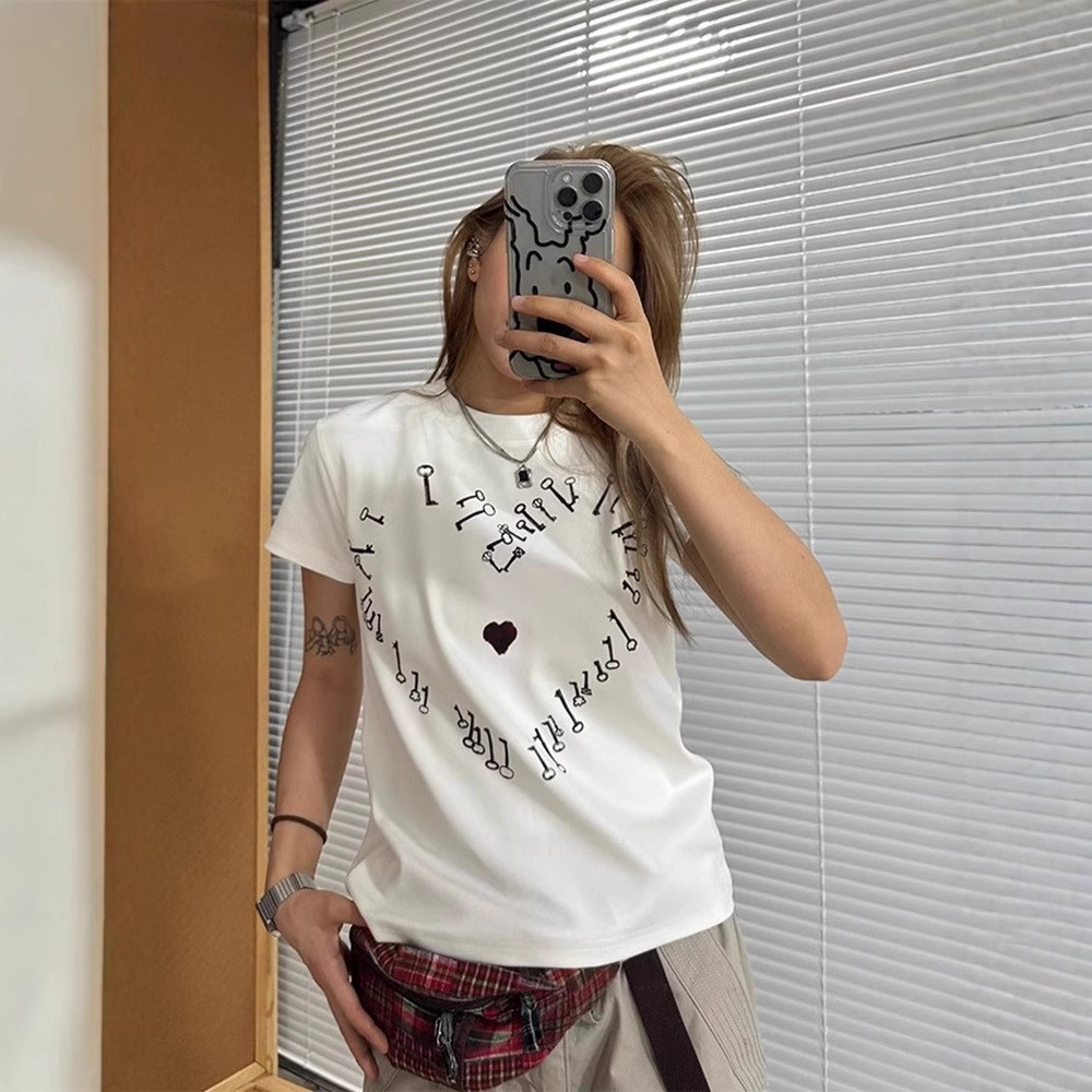 韓國chic純棉後包領夏季新款韓版美式印花修身高彈辣妹短袖T恤女