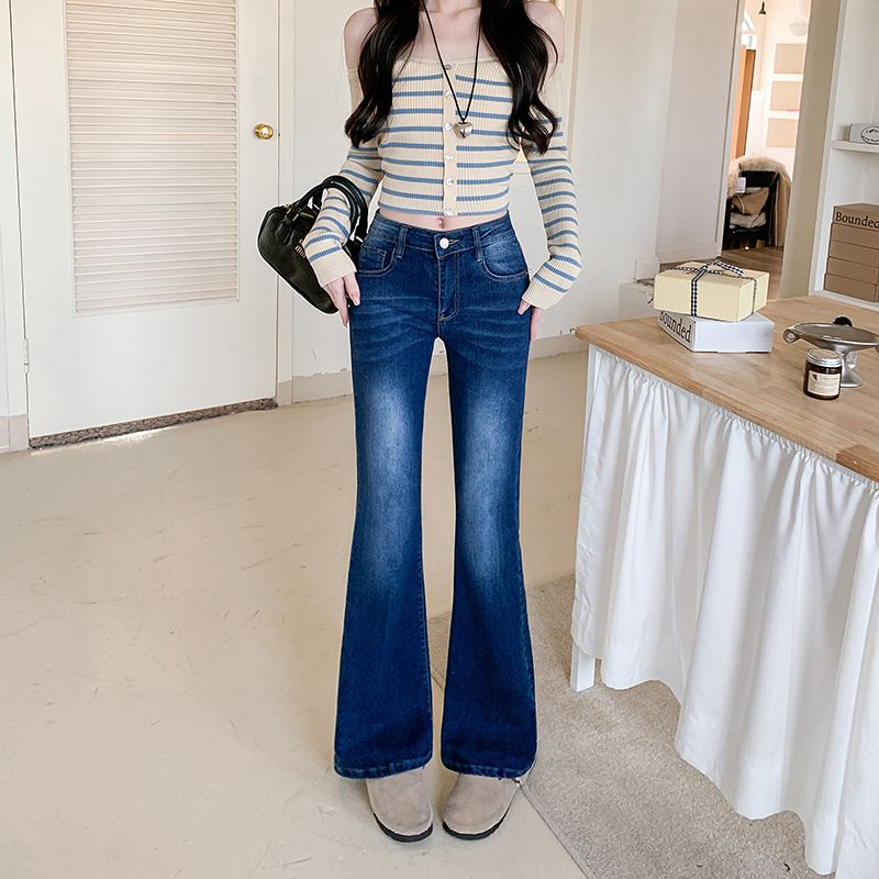 Real shot~ American hot girl retro flared jeans for women with blue high waist slim slim trousers