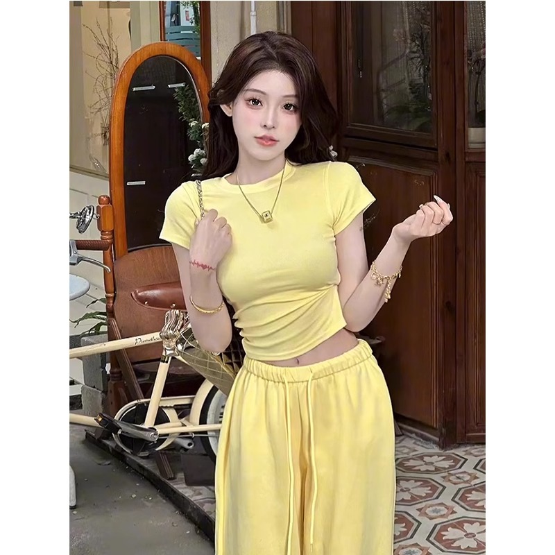 2025 Korean Foreign Trade Sweet and Spicy Style Wearing Age Reducing Casual Sports Set Women's Slim Slim Body Clothes Wide Legs Pants