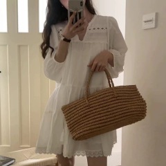 Ethnic style hollow French spliced ​​long-sleeved dress bohemian loose A-line skirt fresh