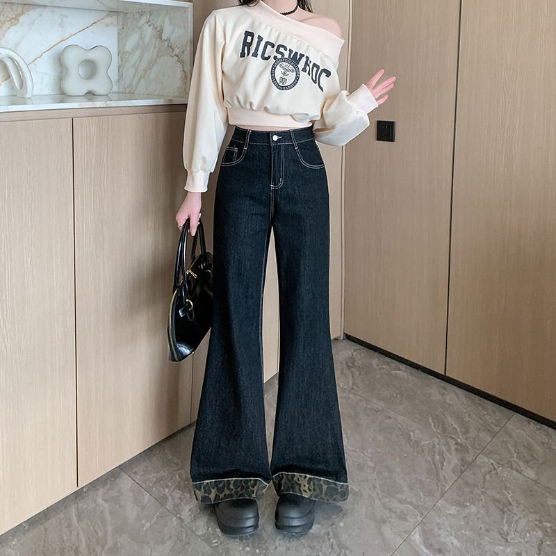 Real shot~Retro leopard print curled wide-leg jeans floor-moving pants for women with high waist loose straight trousers
