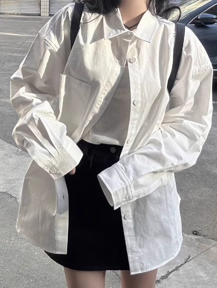 純棉新款休閒白色長袖襯衫女薄款上衣寬鬆小眾防曬外套