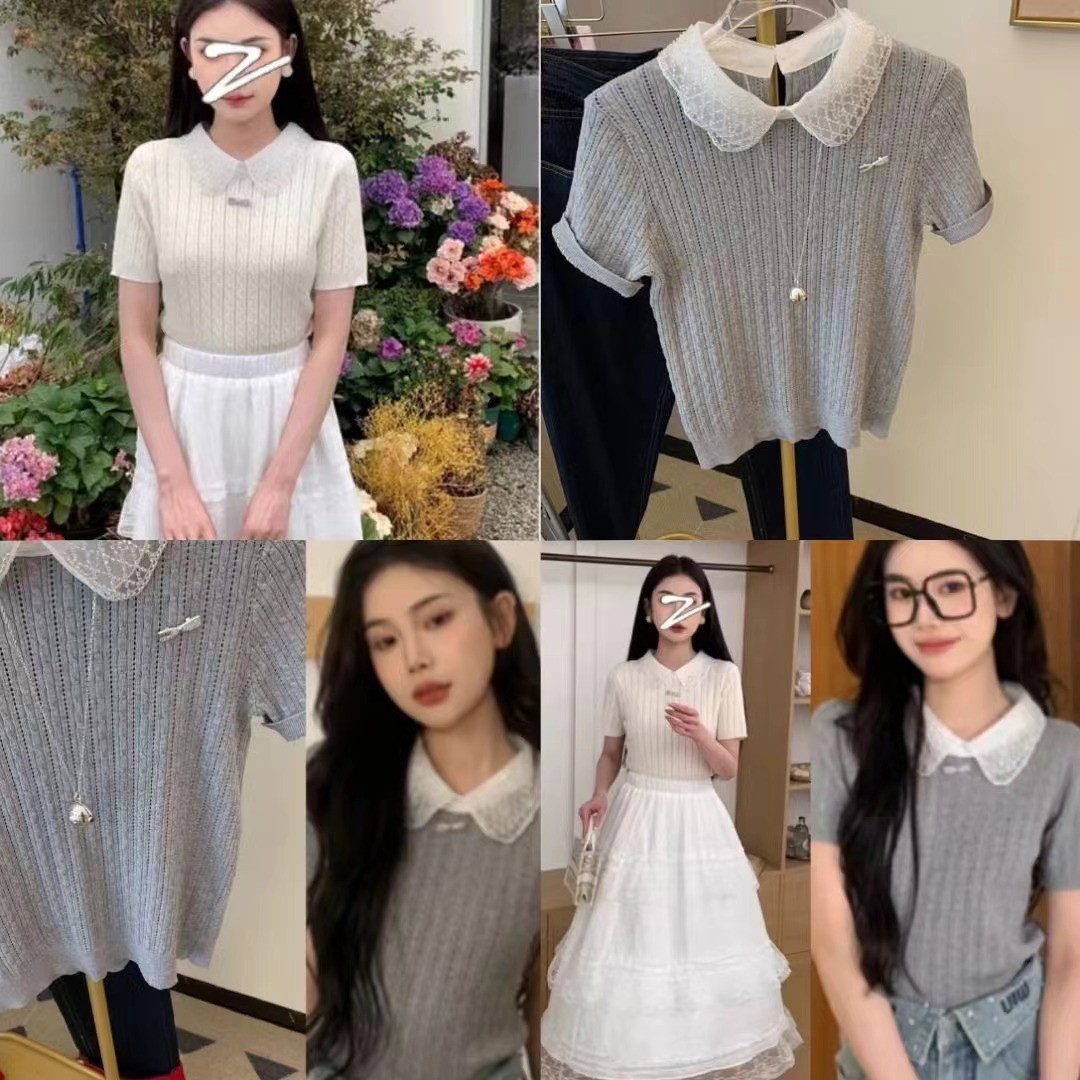 灰色娃娃領正肩短袖t恤女夏季設計感小眾修身超好看短款針織上衣
