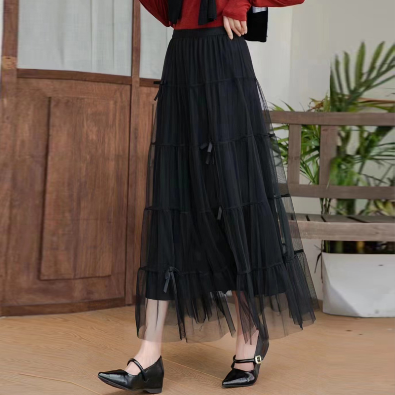 European Station 2025 Temperament versatile slim bow multi-layer cake skirt for women spring and summer high-waisted skirt