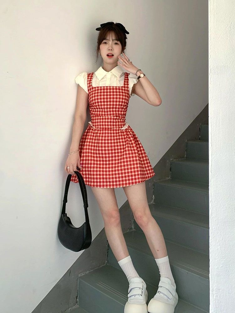 2025 summer new red plaid fake two-piece dress for female student small sweet college style short skirt