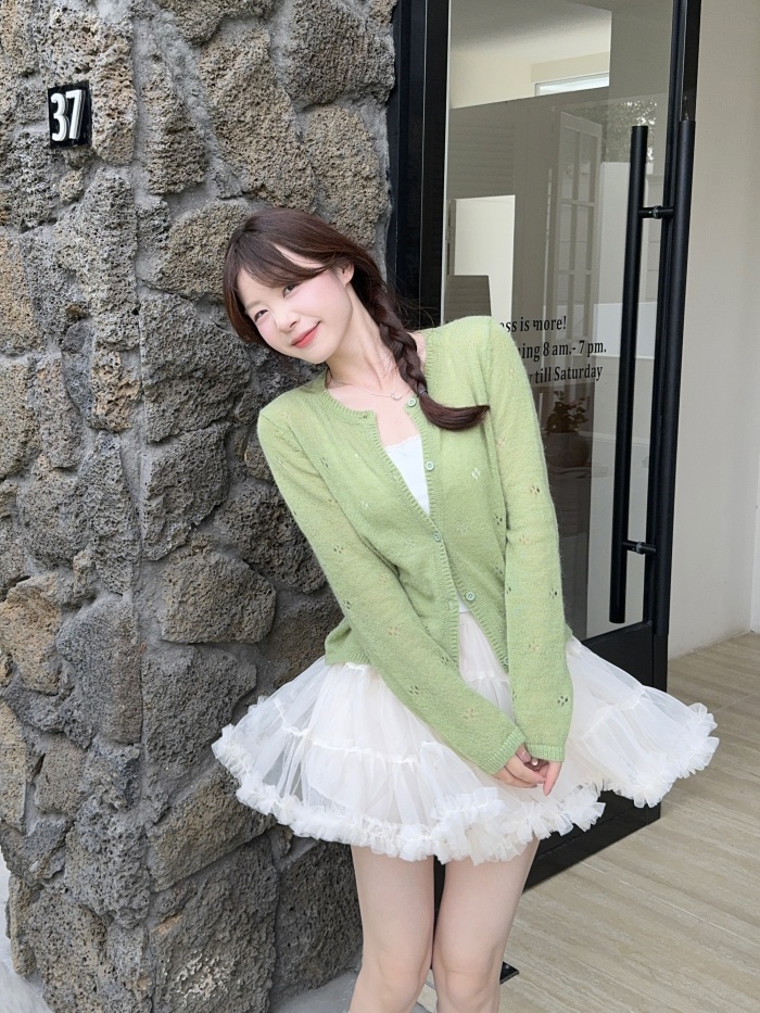 Real shot~ Korean version of hollow single-breasted wool knitted cardigan with a suspender skirt three-piece set