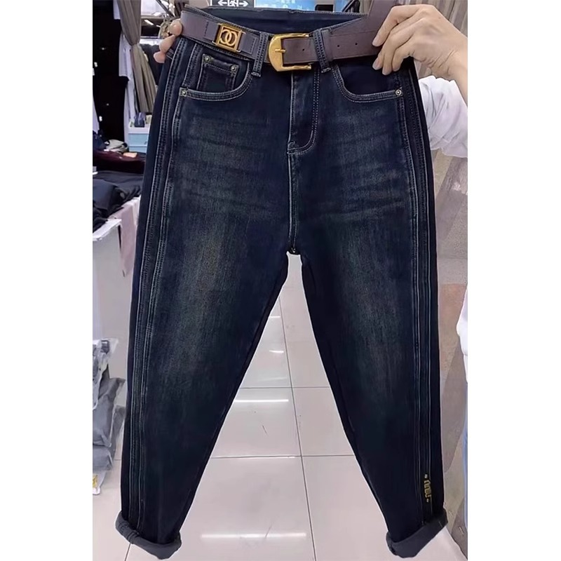 韓國chic大碼直筒牛仔褲女春季胖mm高腰顯瘦九分老爹哈倫蘿蔔褲子