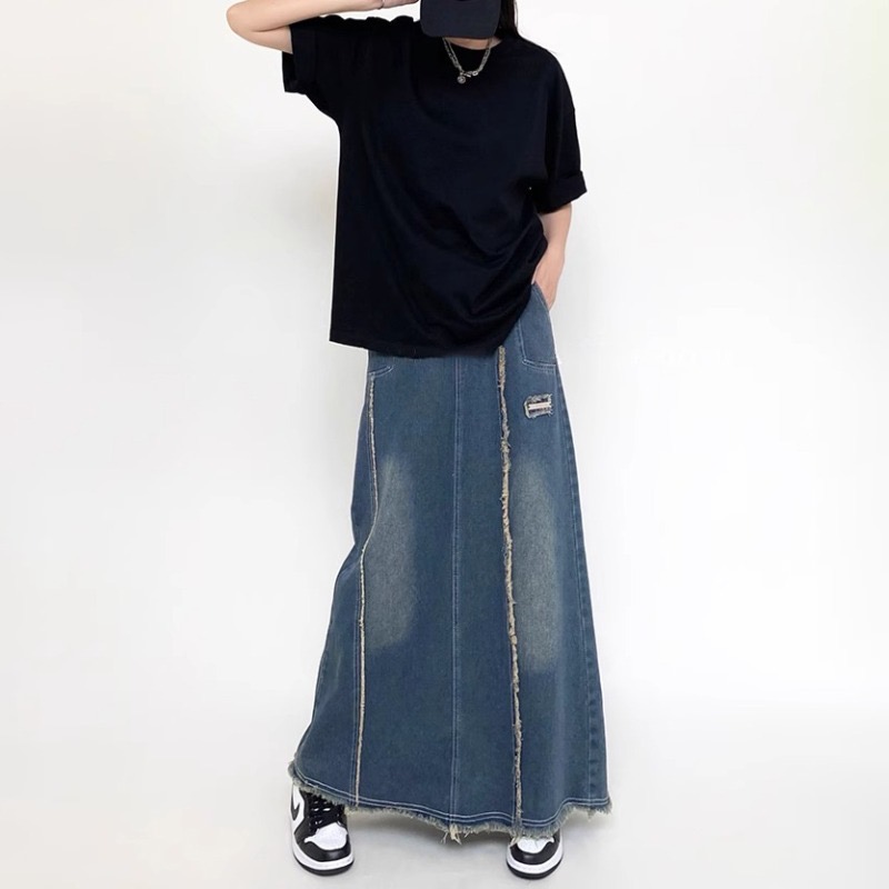 韓國chic美式設計感復古牛仔褲女春季高腰毛邊a字開叉中長款裙子