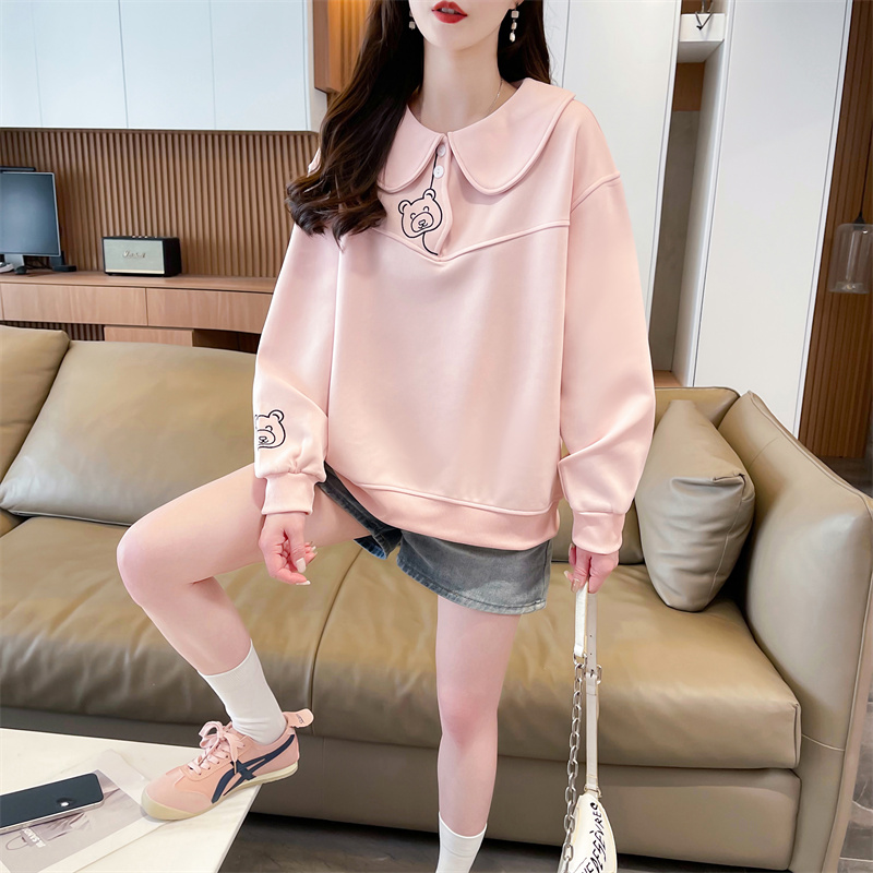 Real photos of Chinese cotton sweatshirt for women, spring and autumn thin new Korean style cartoon embroidered doll collar lapel sweatshirt for women