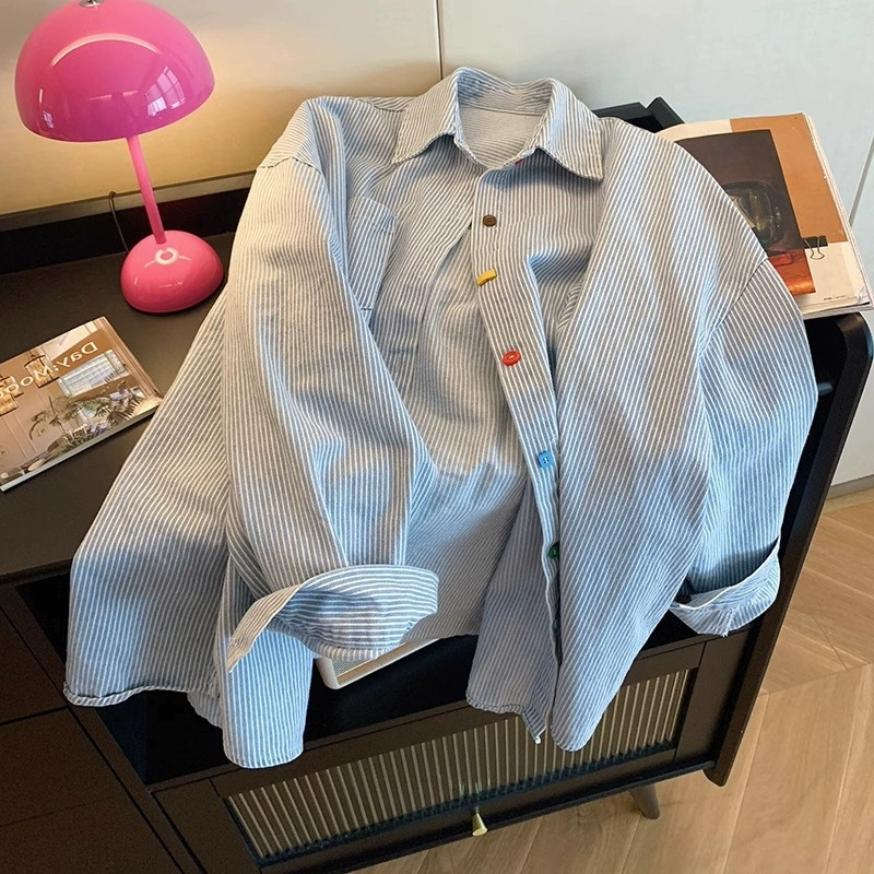 Retro simple contrast denim stripes oversize loose and versatile POLO collar shirt for women spring long-sleeved top