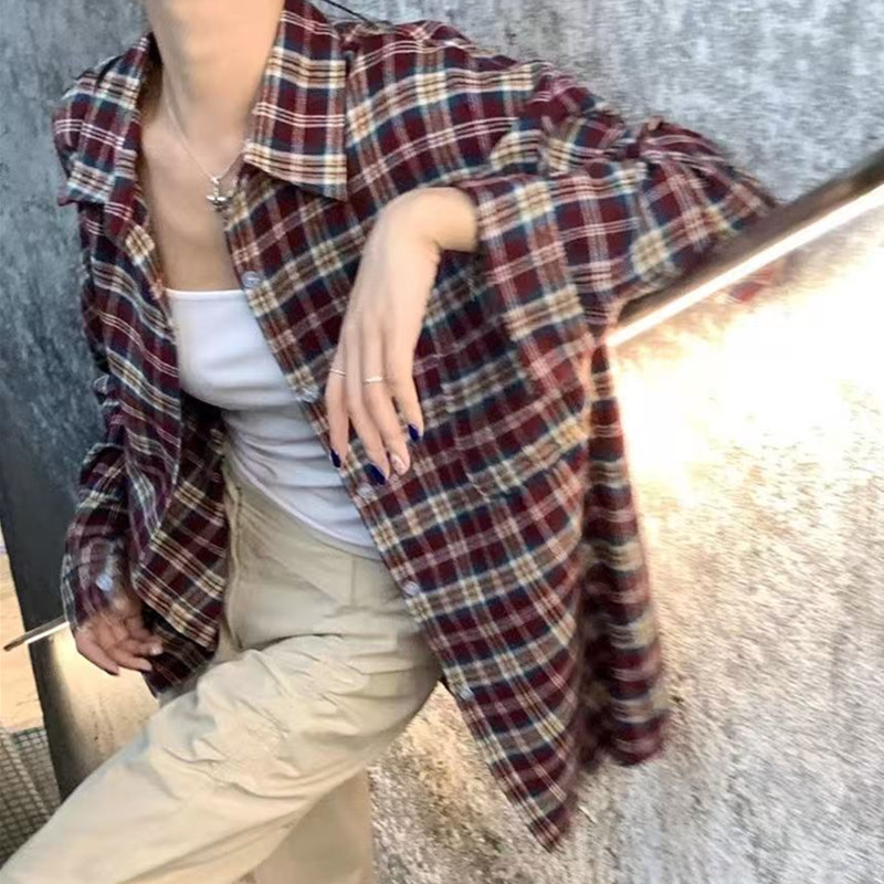 非實拍 美式格子襯衫春紅藍撞色polo領休閒襯衣寬鬆防曬外套