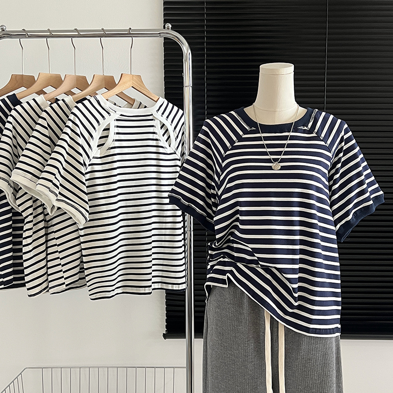 American retro pure cotton striped T-shirt for women in short-sleeved summer new design niche backless base shirt trendy