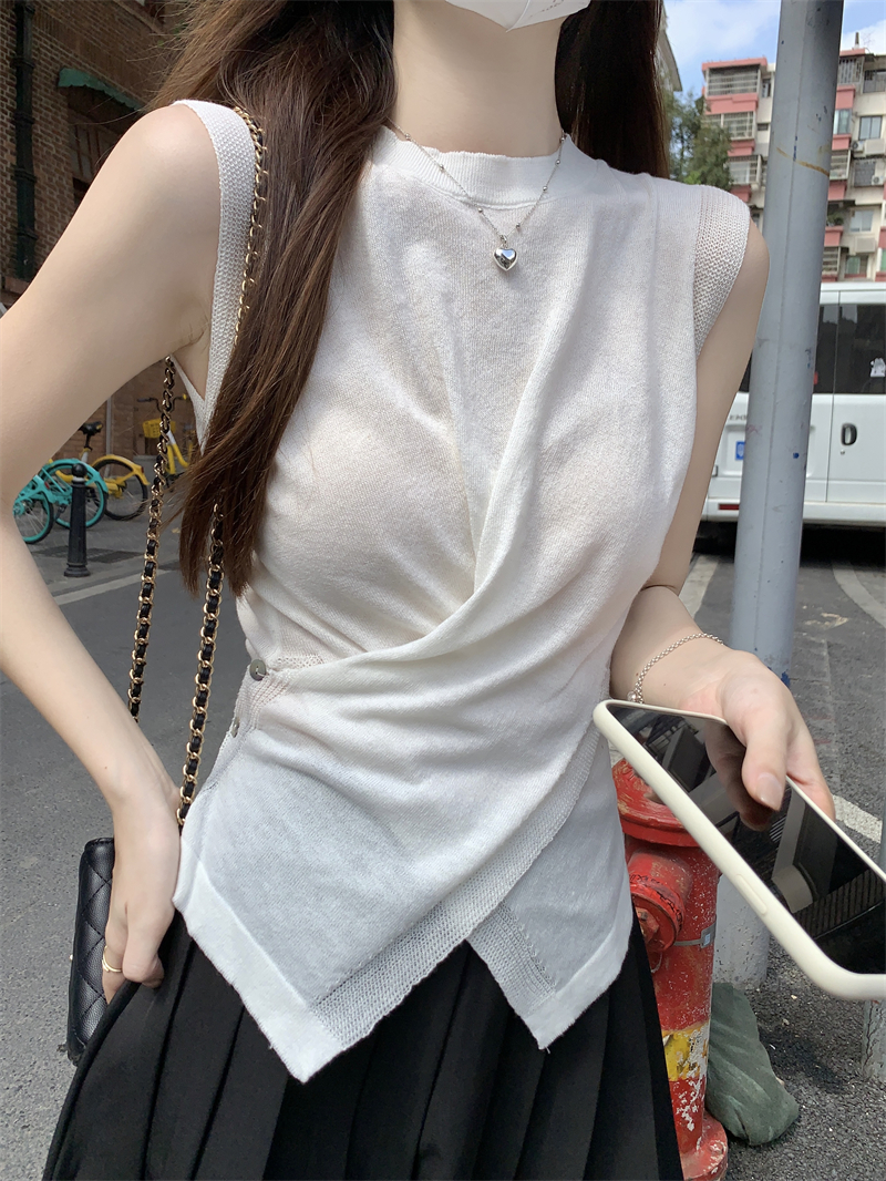 Real photo Real summer irregular cross-buckle slimming 6 wool light knitted sleeveless top