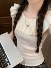 非實拍 韓版設計感荷葉邊一字肩上衣小眾純欲顯瘦針織背心潮