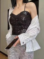 非實拍海邊度假亮片帶胸墊背心外穿休閒性感小吊帶熱辣短上衣