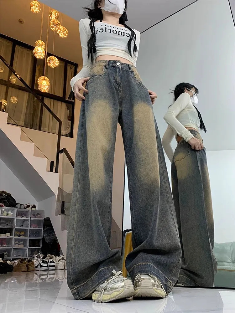 美式做舊闊腿牛仔褲女2025春夏新款寬鬆高腰顯瘦拖地垂感長褲ins