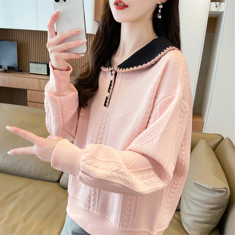 Real shot of polo neck jacquard sweatshirt for women's new spring and autumn fashionable age-reducing loose design top trendy