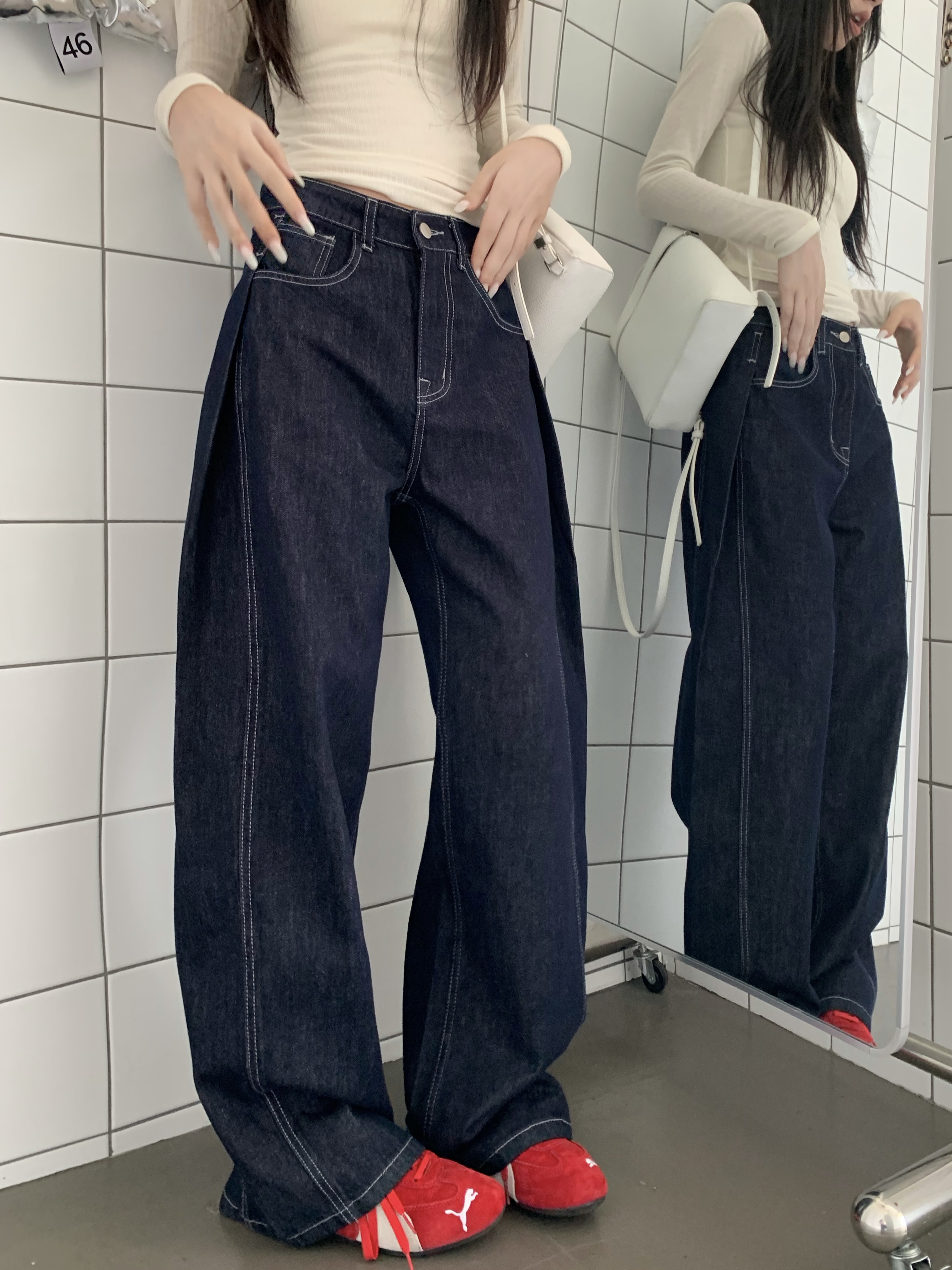 Real shot!  Fashionable denim original color loose jeans for women's personality American high street low waist wide-leg pants trendy