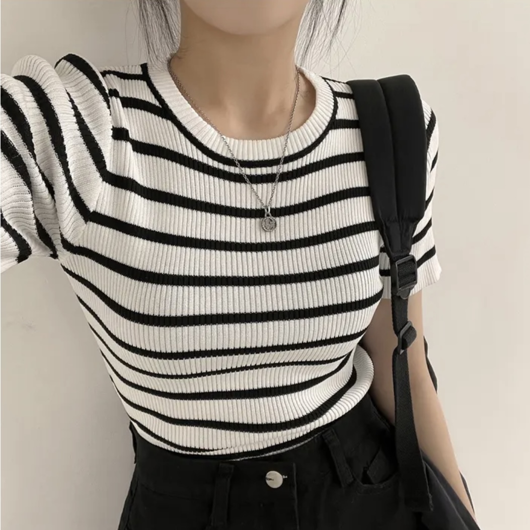Korean chic summer slim and versatile round neck pullover contrasting striped ice silk short-sleeved sweater top for women