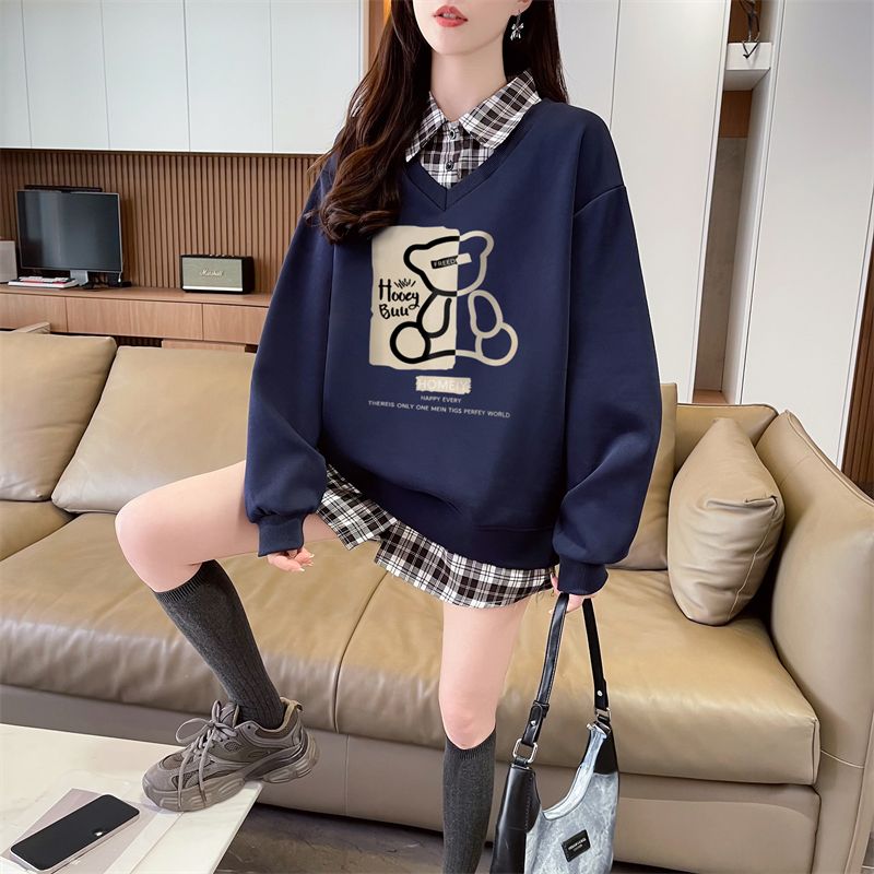 Real shot of plaid polo neck fake two-piece sweatshirt for women's new spring and autumn fashionable age-reducing loose design top