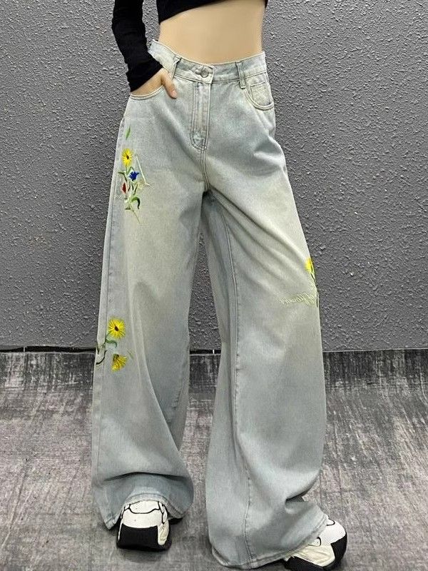 2025 summer new embroidered washing drooping MM jeans for women versatile straight wide-leg floor trousers