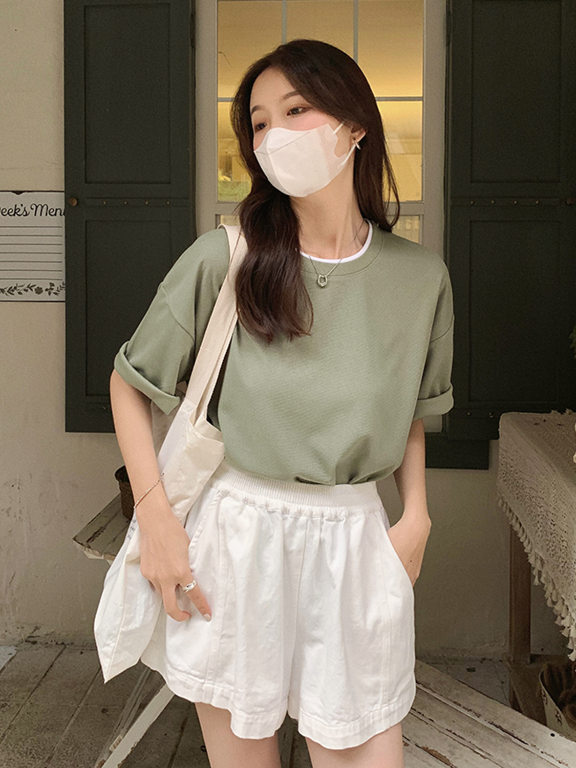 Design sense waffle short-sleeved T-shirt for women in summer loose and versatile round neck contrasting color fake two-piece half-sleeved top