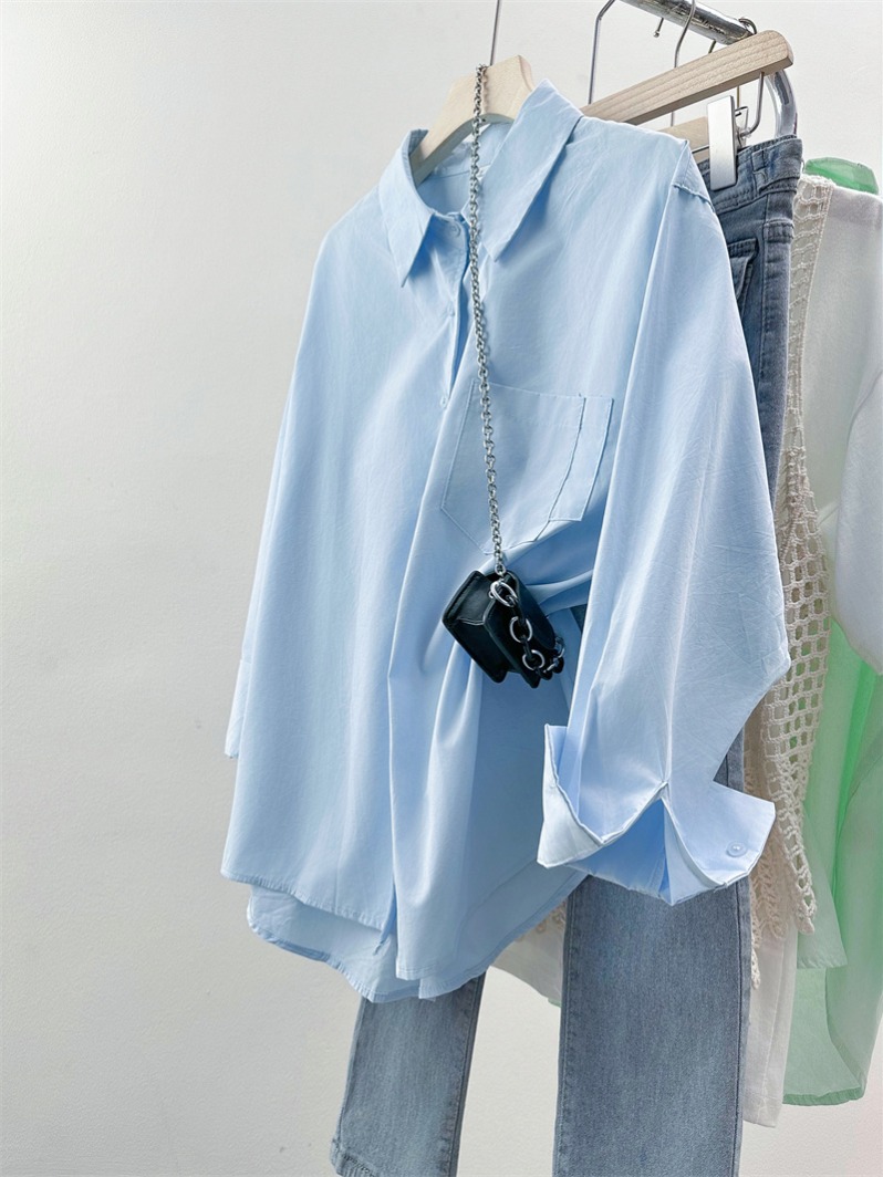 Blue pure cotton sunscreen shirt for women in summer design shirt for small casual loose layered long-sleeved top
