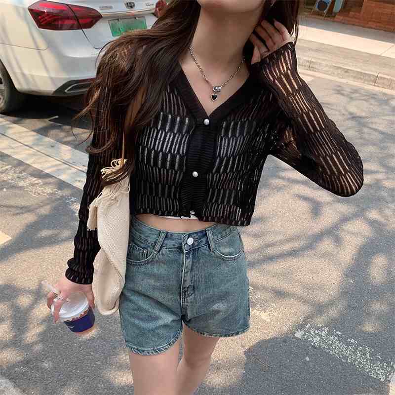 Cardigan thin style women's summer new sunscreen knitted jacket hollow ice silk top air conditioning shirt