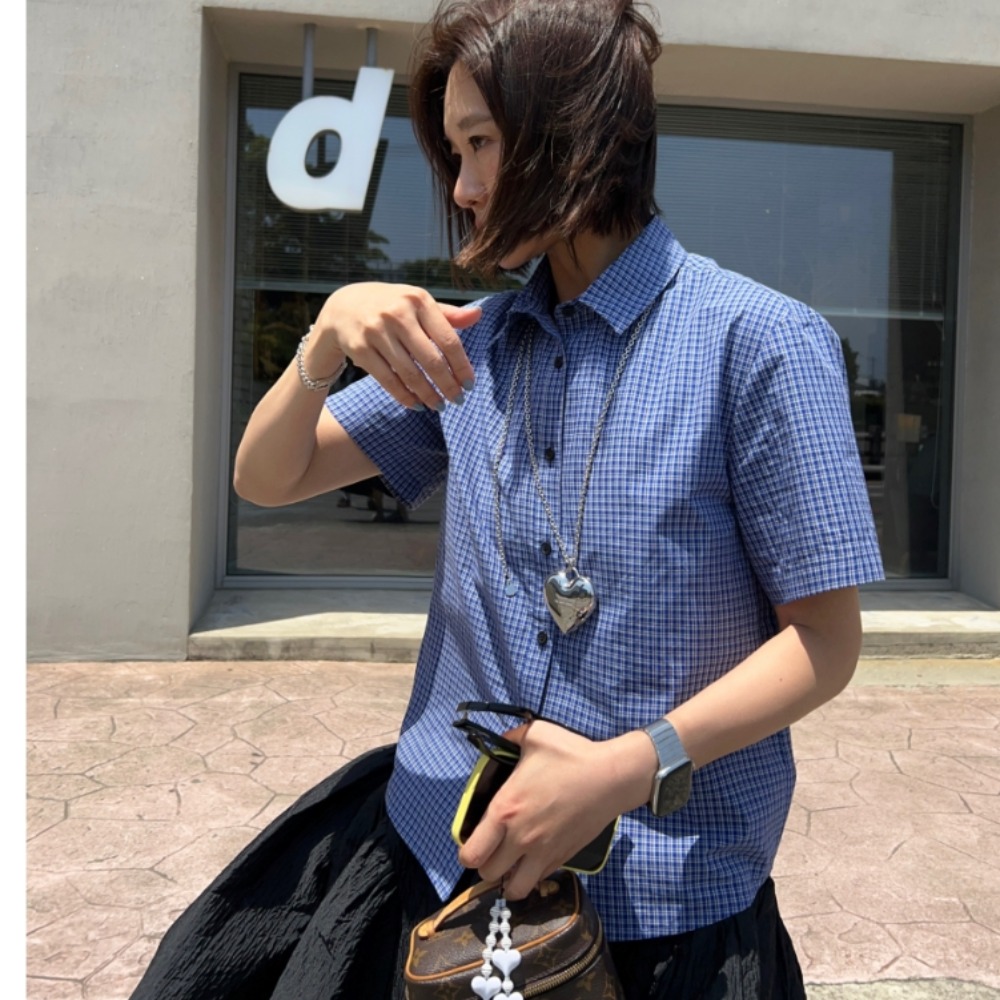New 2025 Korean version of retro blue checked shirt lapel single-breasted short-sleeved top