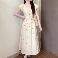 French floral puff sleeve dress for women in summer 2025 new niche high-end temperament and beautiful long skirt
