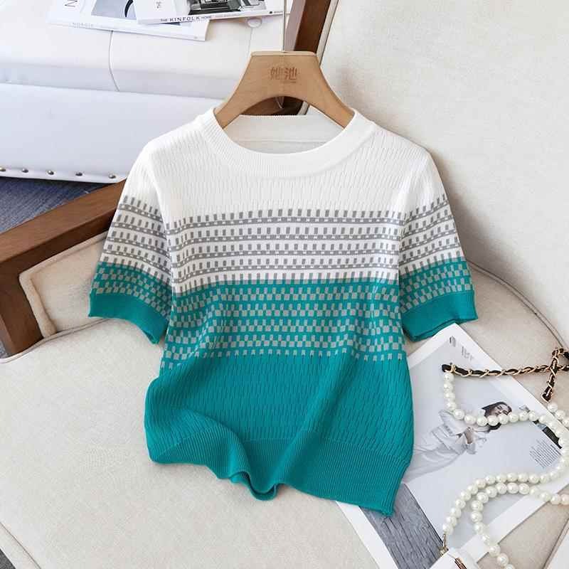 Round neck sweater 2025 summer new women's fashion gradient striped short-sleeved shoulder pullover top