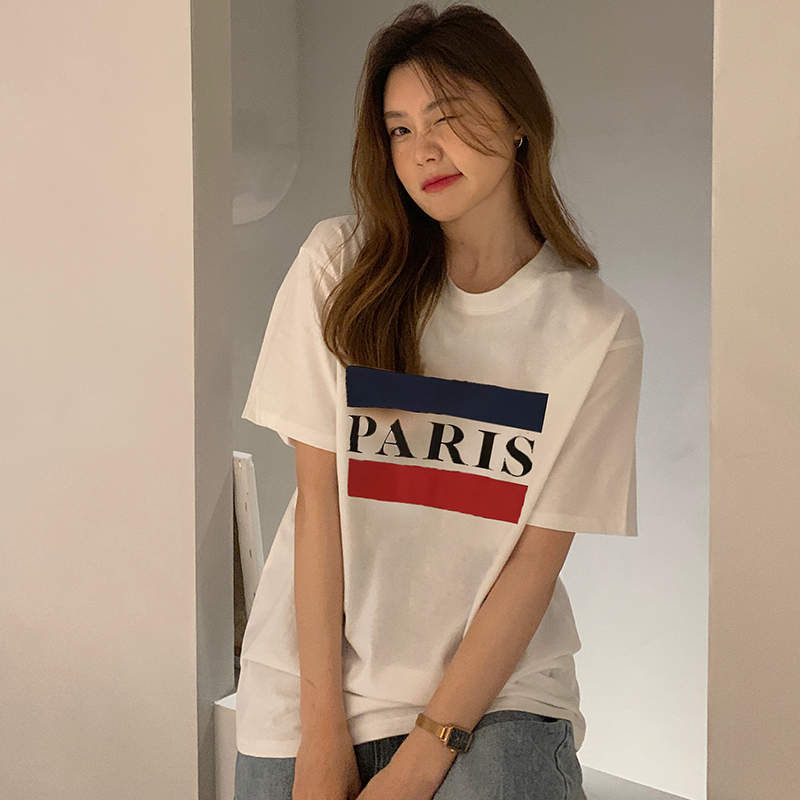 #Pure cotton 200g new Korean chic summer simple and versatile round neck pullover letter pattern printing