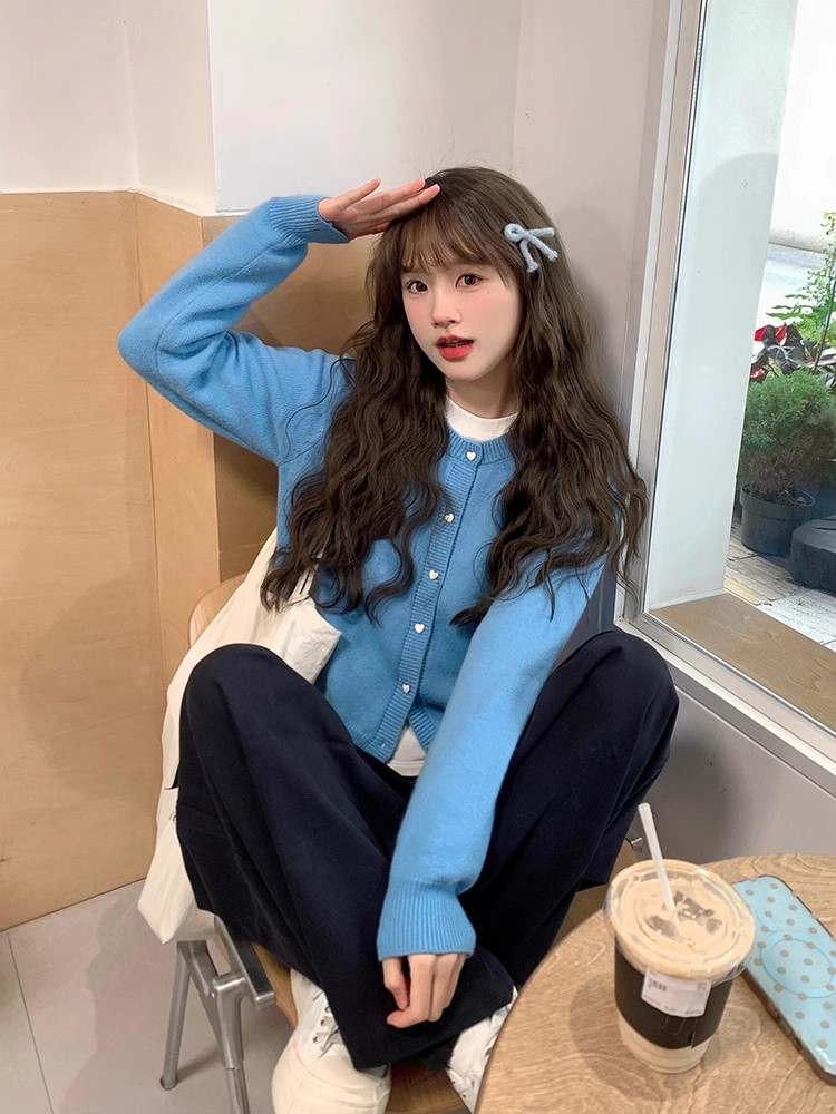 Blue sweater Spring 2025 new French bow knitted cardigan jacket small soft and glutinous short top