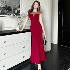 Real shot of mesh hot diamond splicing temperament celebrity high-end goddess style high-end slim long skirt evening dress