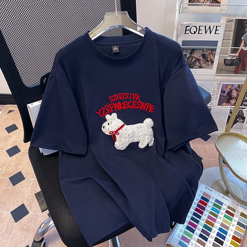 Real-life quality pure cotton short-sleeved T-shirt women's summer embroidery round neck new top large size women's clothing