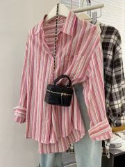 Pink vertical striped shirt for women in spring and autumn 2025 new design niche small person layered shirt jacket top