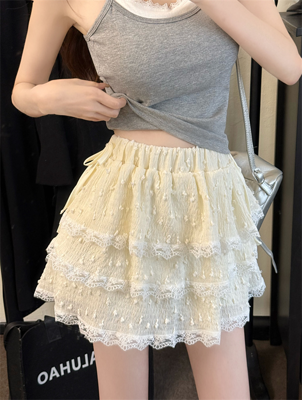 實拍 辣妹純欲蕾絲邊蛋糕裙甜美高腰設計感小個子蓬蓬半身裙