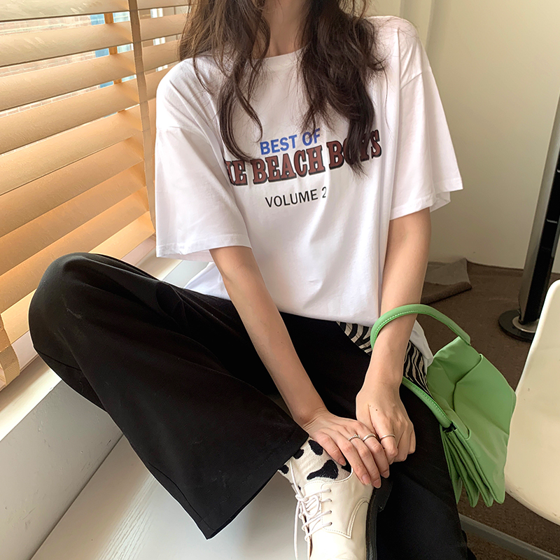 #200g pure cotton American retro T-shirt for women in spring and summer loose versatile casual round neck top T-shirt trendy brand