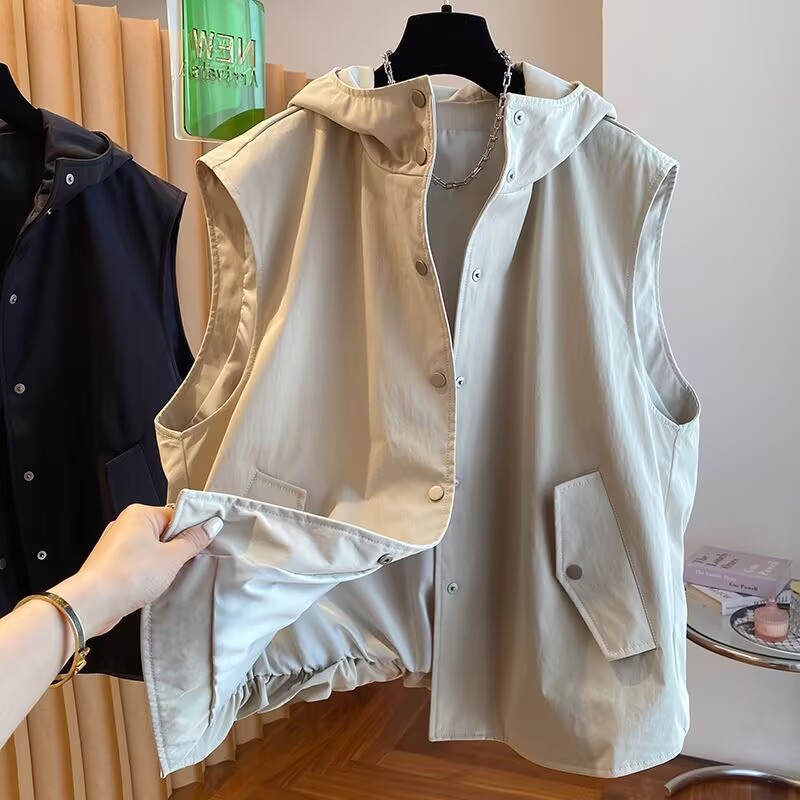 Women's Spring and Autumn 2025 New Style Loose Casual Sleeveless Cardigan Vest Jacket Overcoat with Hooded Workwear Style