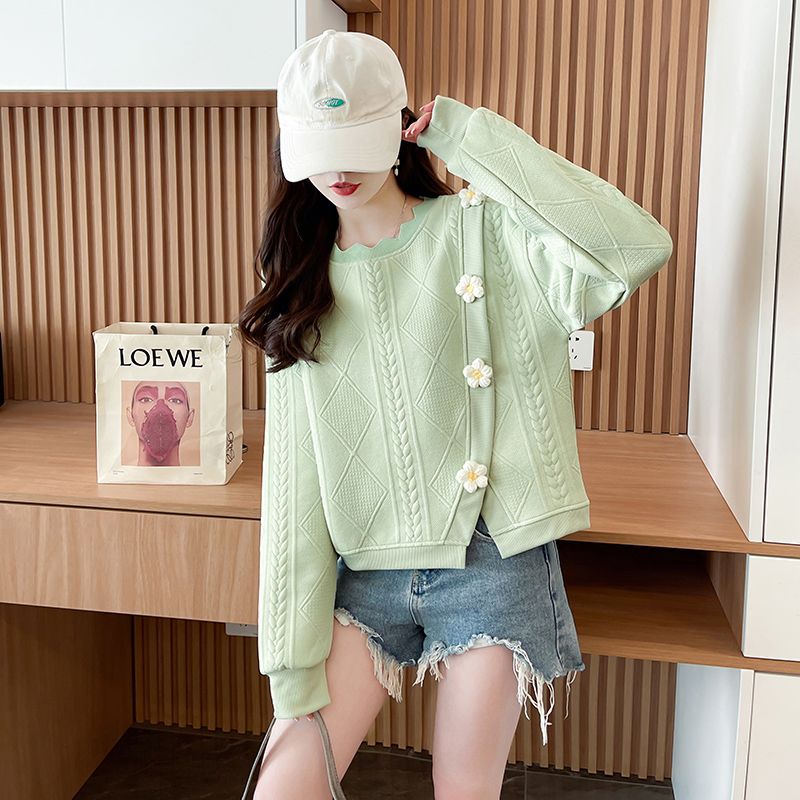 Real shot of round neck jacquard sweatshirt for women's new spring and autumn fashionable age-reducing loose design top trendy