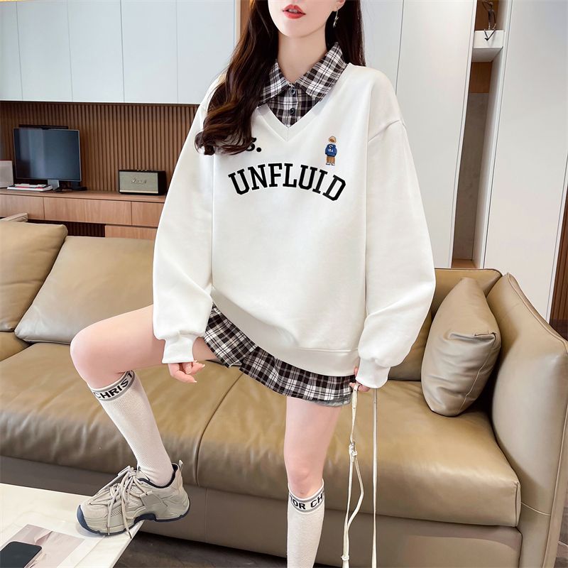 Real shot of plaid polo neck fake two-piece sweatshirt for women's new spring and autumn fashionable age-reducing loose design top